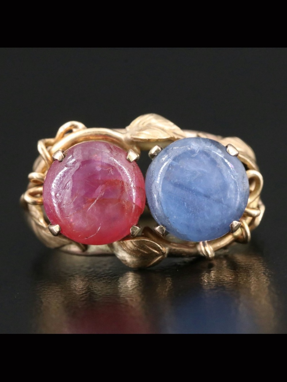 Two-Stone Pink and Blue Cabochon Gold Ring